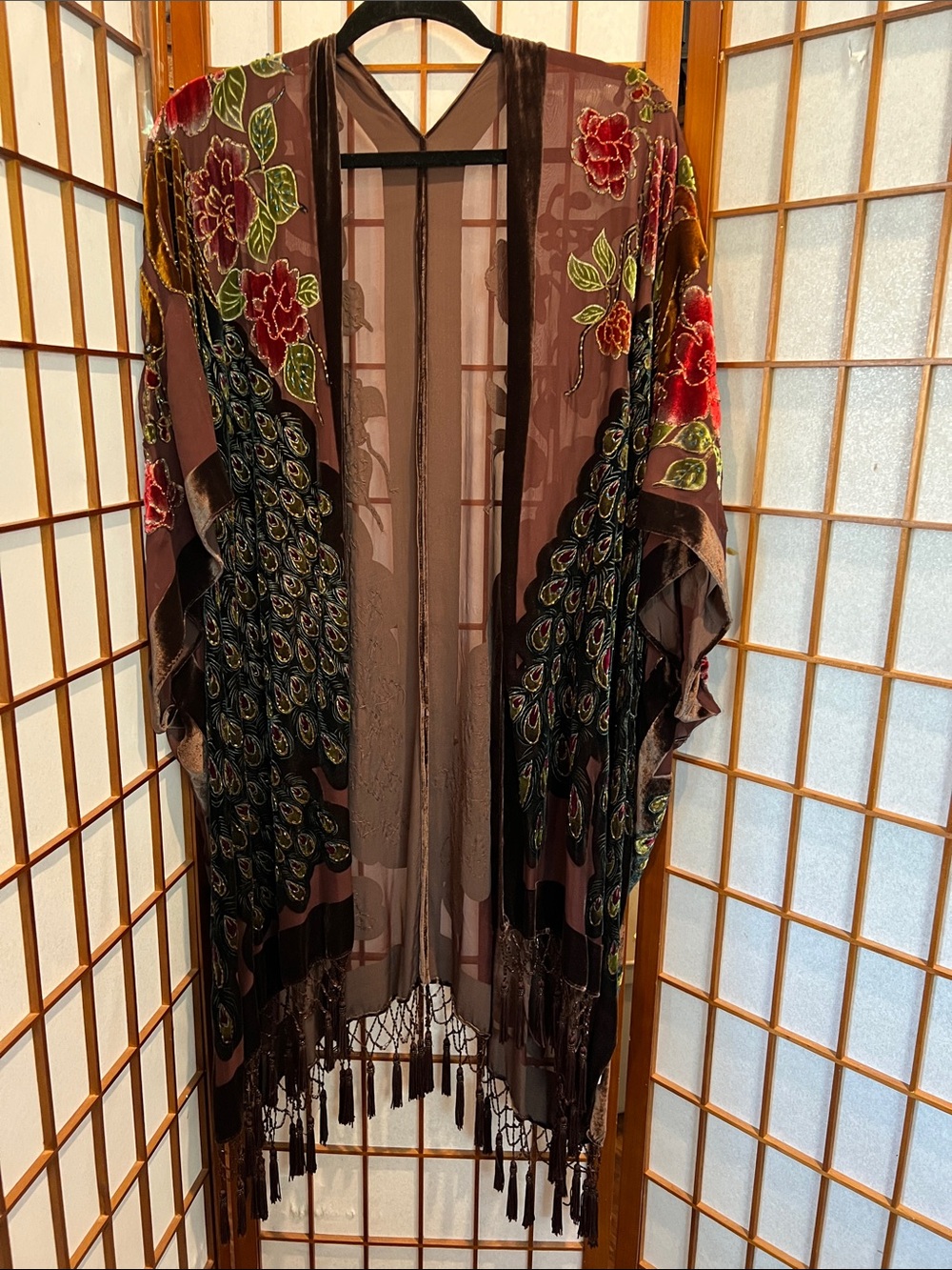 Sheer Silk Beaded Velvet Burnout Boudoir Opera Jacket w/ Peacock & Tassel 2X/3X